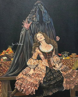Painting of a hooded phantom behind a seated woman in an ornate Victorian dress