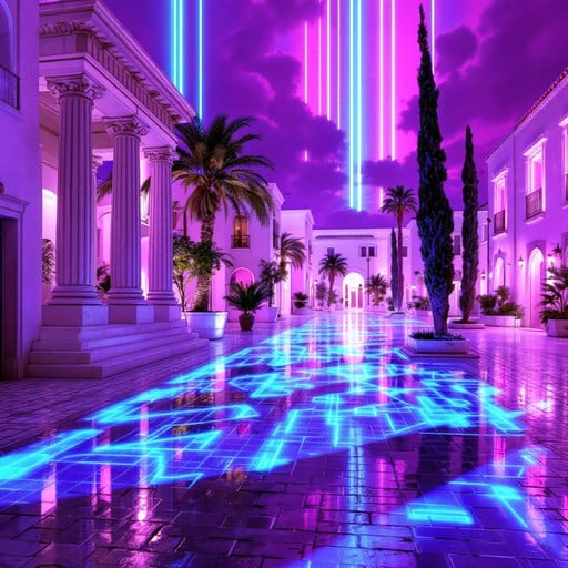 Neon futuristic city street with glowing blue pavement, palm trees, and purple-lit buildings at night