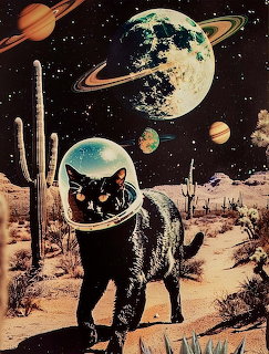 Cat wearing space helmet in desert with planets and moon in starry sky