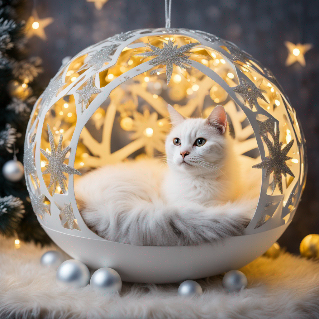 White cat nestled inside white spherical Christmas ornament with star and tree cutouts, illuminated by warm lights