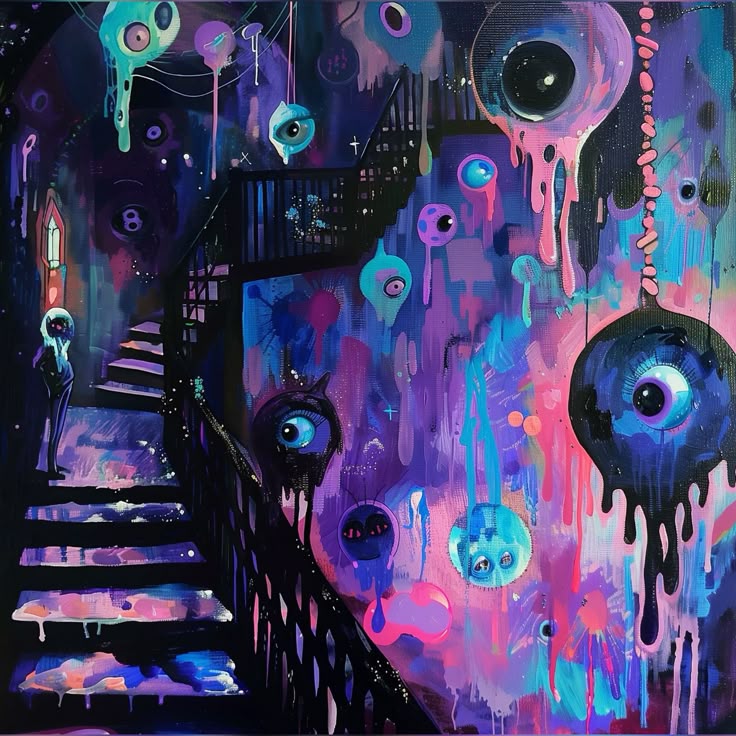 Surreal art with many large eyes, dripping paint, and stairs in purple and pink