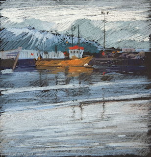 Painting of fishing boats in harbor with mountains