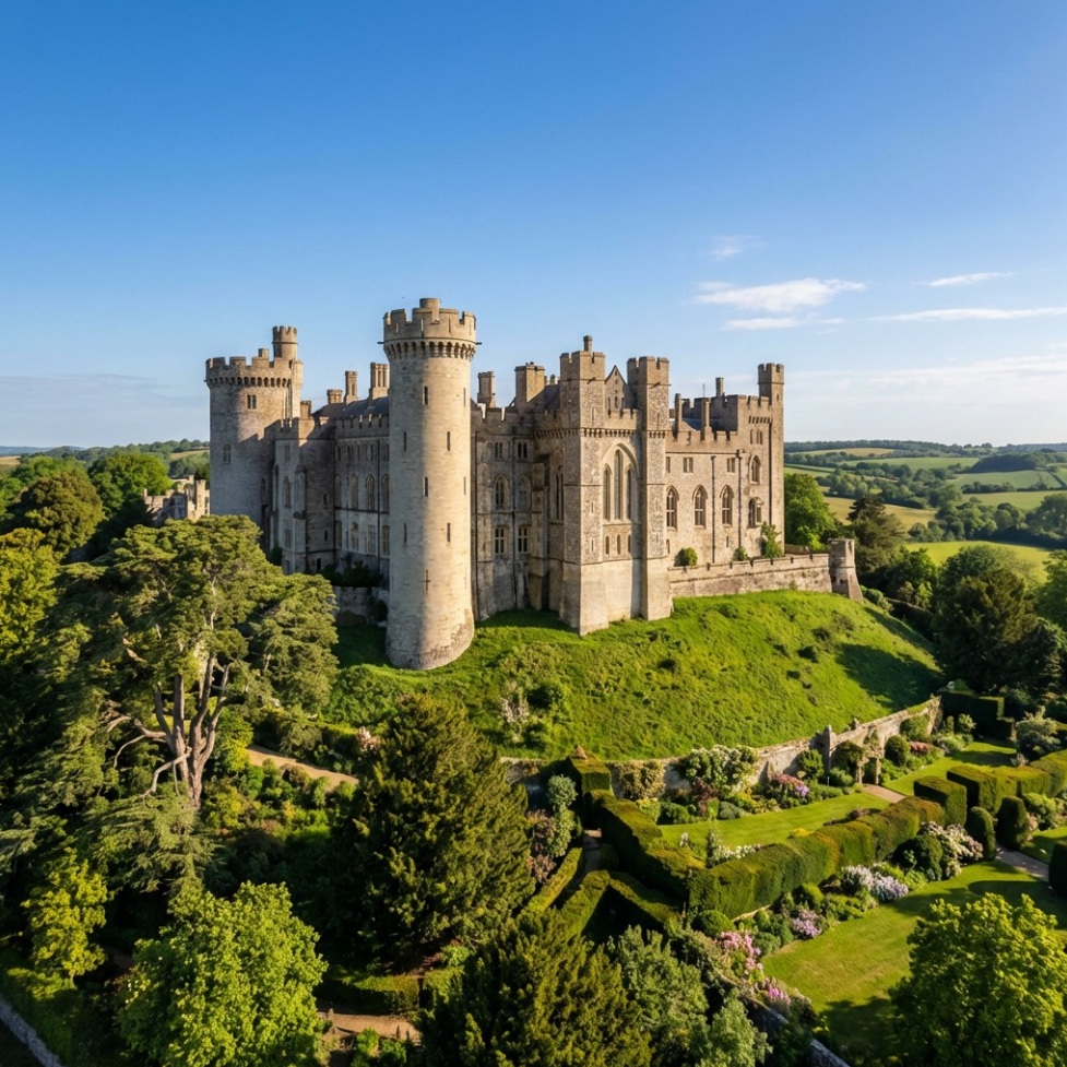 Aerial view of historic Arundel Castle with towers and green gardens on a hill