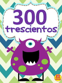 Cute purple one-eyed cartoon monster with the number 300 and word trescientos on chevron background