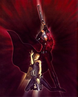 Stylized Dante and Trish illustration with guns against a red background