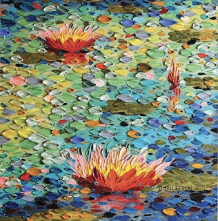 Impressionistic painting of pink water lilies on a multicolored pond with lily pads and reflections