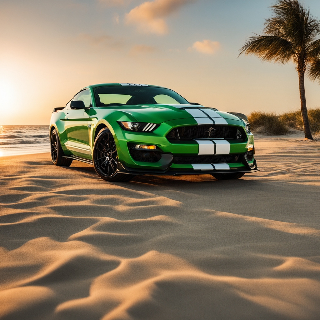 Green Ford Mustang with white stripes on beach at sunset