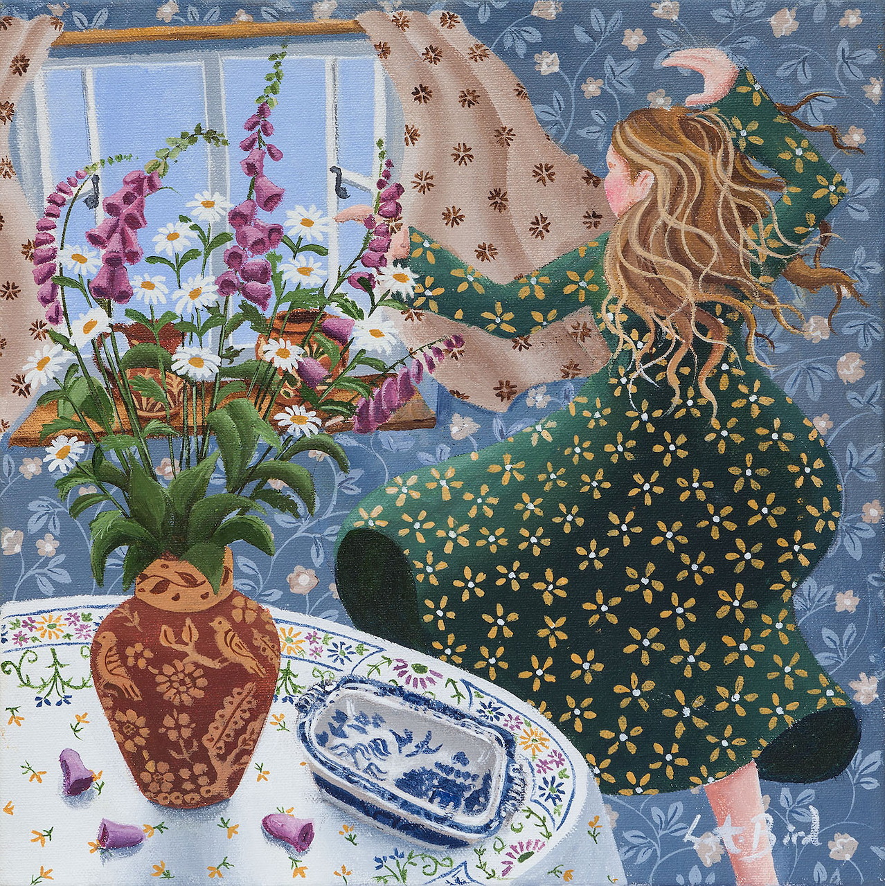 Woman arranging pink foxgloves and white daisies in ornate vase by window with floral patterns