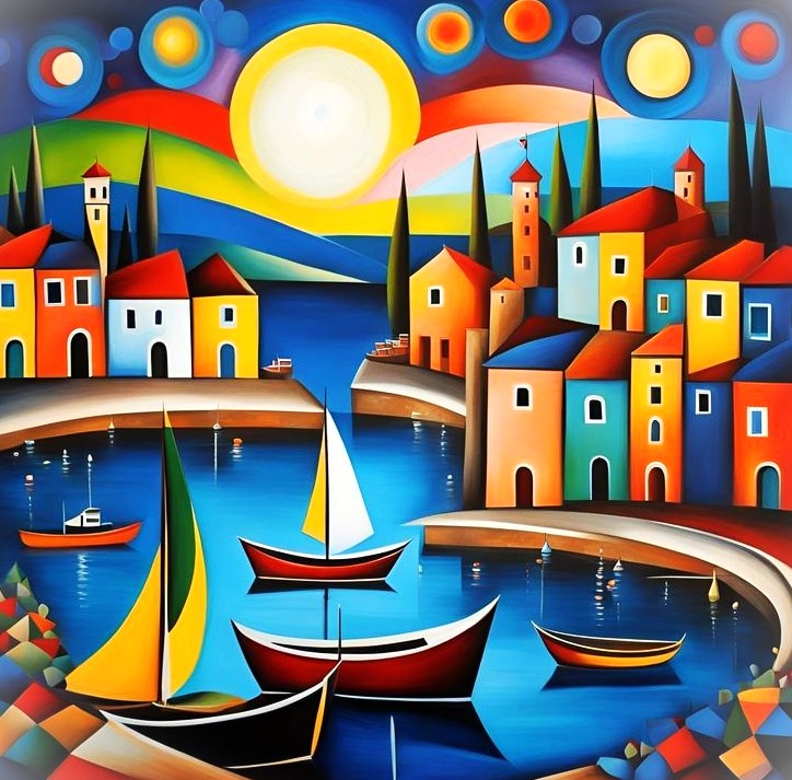 Colorful abstract painting of Mediterranean village with boats in blue harbor under bright yellow sun and rainbow sky