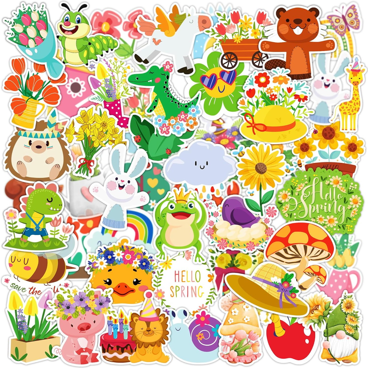 Colorful collage of cute cartoon spring stickers with animals, flowers, bees, and rainbows on white background