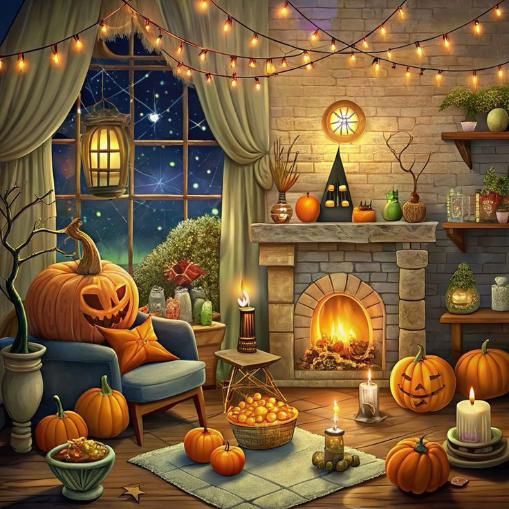 Cozy room decorated for Halloween with glowing pumpkins, fireplace, armchair, and autumn decor under string lights