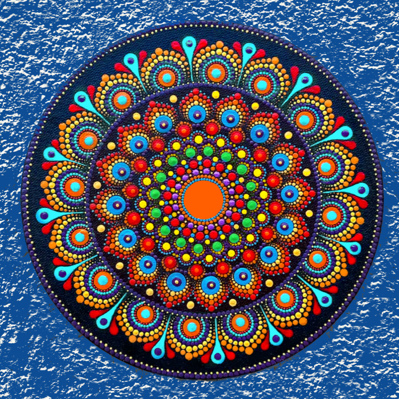 Circular dot mandala with multicolored concentric patterns on blue background