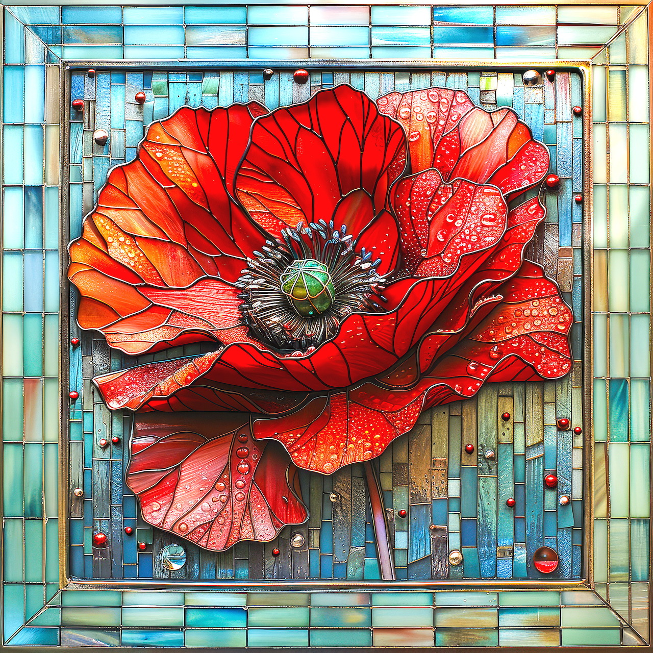 Red poppy flower in stained glass mosaic art with turquoise blue tiled background