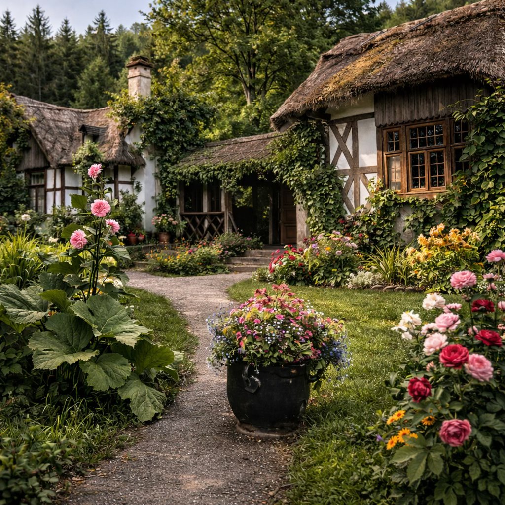 Thatched cottage with timber framing in colorful garden with pink, yellow, and white flowers along gravel path