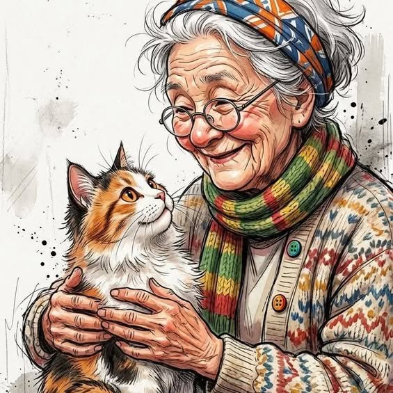 Illustration of a smiling elderly woman in glasses holding a fluffy calico cat