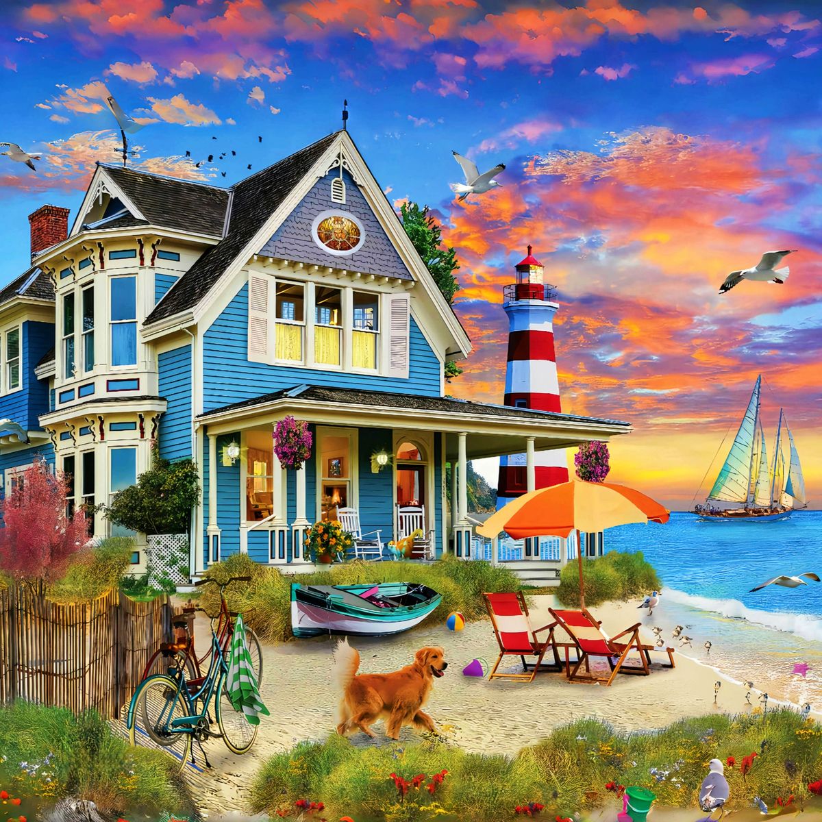 Colorful blue beach cottage beside sand, lighthouse, sailboat, and sunset sky