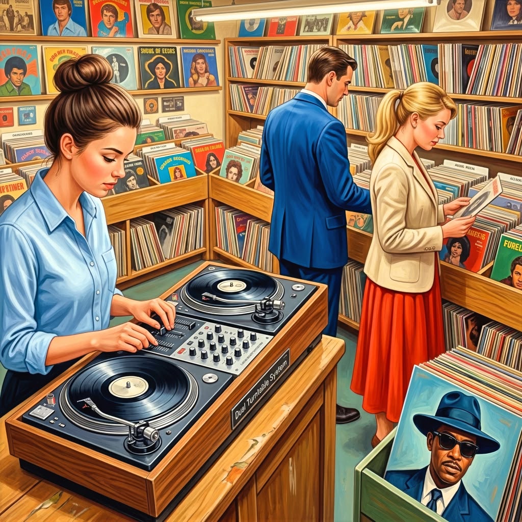 Woman operating turntables as customers browse vinyl records in a vintage music shop.