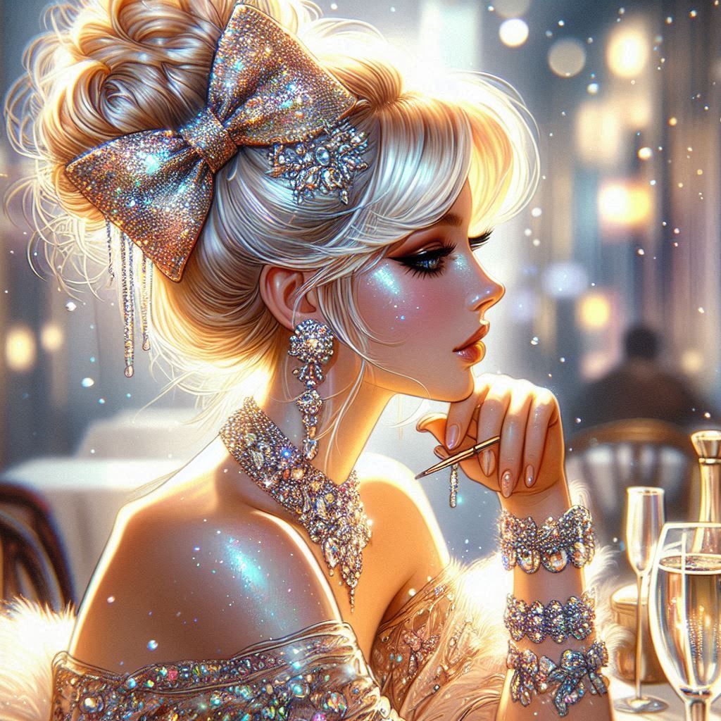 Elegant woman in profile wearing diamond jewelry and an ornate updo hairstyle with soft bokeh background