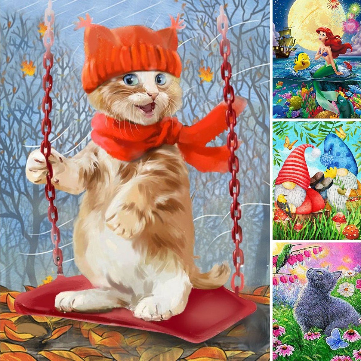 Kitten in red winter hat and scarf sitting on swing with autumn leaves