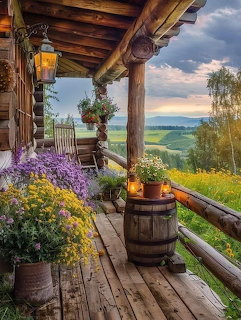 Rustic log cabin porch with flowers, barrel, and lantern overlooking green countryside at sunset