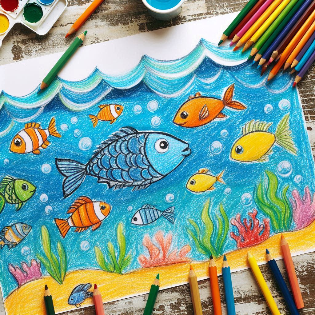 Colorful fish illustration with art supplies on wooden table