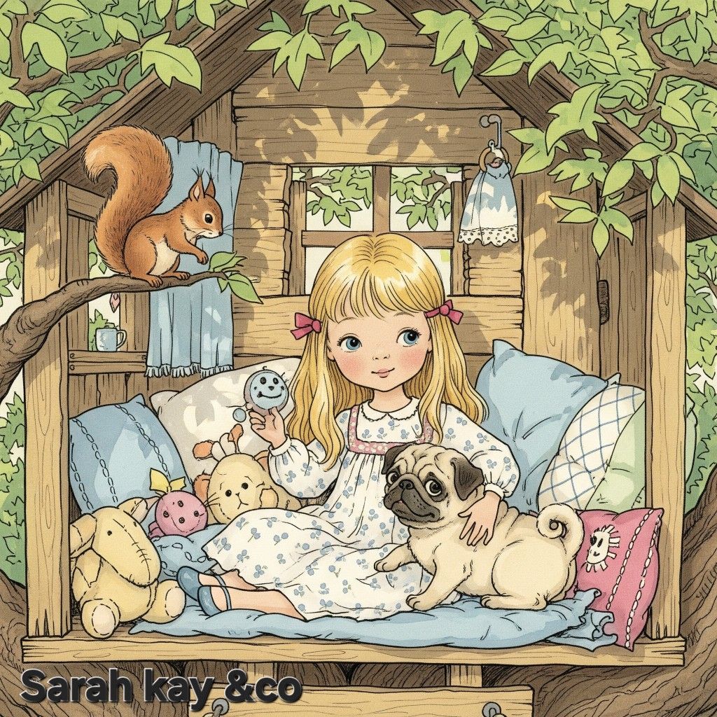 Blonde girl in white dress sitting on bed with pug dog and stuffed animals in wooden cottage with ivy