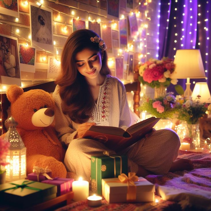 Woman reading book with teddy bear by candlelight and fairy lights