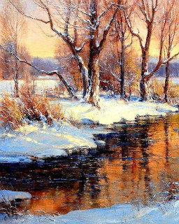 Winter landscape painting showing snow-covered ground, bare trees, and a dark stream reflecting golden sunset light
