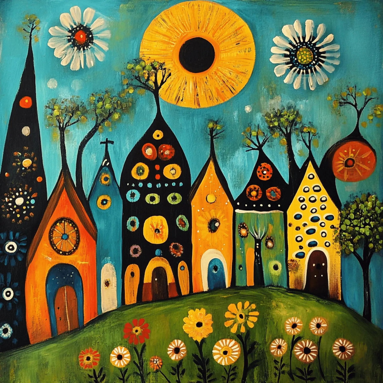 Whimsical painting of colorful village houses, flowers, trees, and a large yellow sun