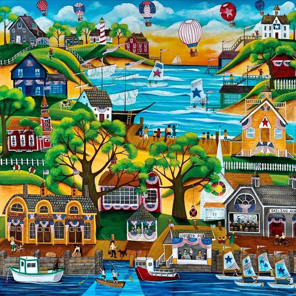 Folk art painting of lakeside July 4th celebration with balloons, boats, houses and trees