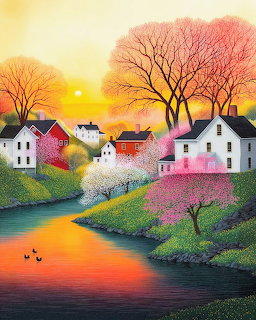 Illustrated spring village with pink blossom trees, white houses, river, and golden sunset sky