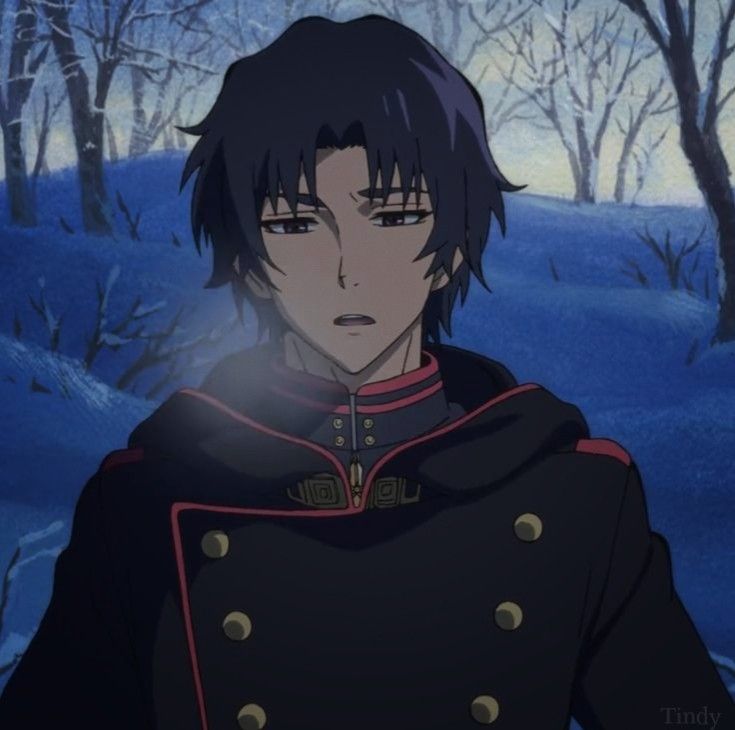 Anime boy in a dark uniform standing in a snowy winter forest