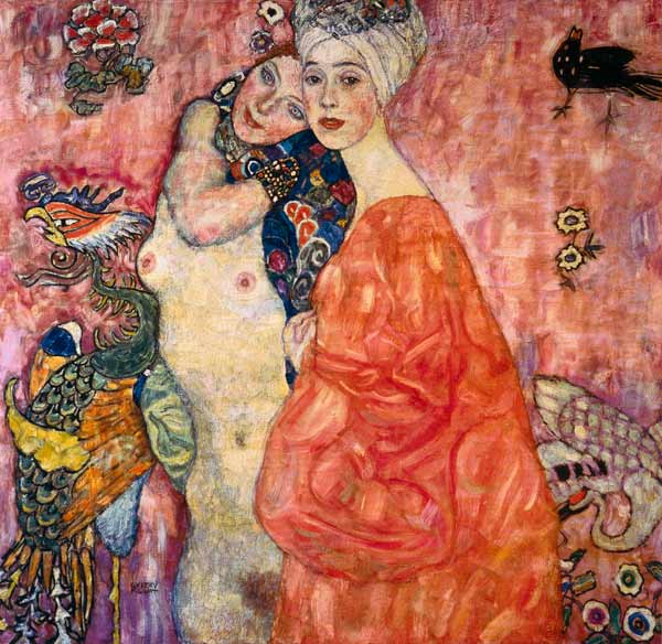 Two women embracing in colorful ornate painting with decorative patterns and warm tones
