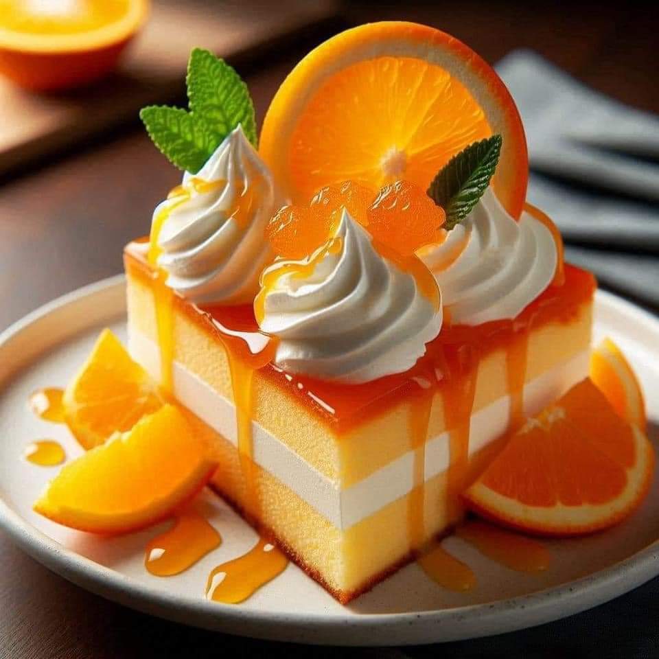 Square slice of orange layered cake with whipped cream swirls, orange slice and mint on top, surrounded by orange wedges