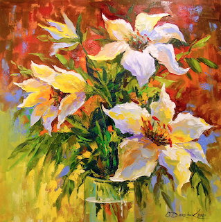 Impressionist painting of white lilies with yellow and green foliage in a vase on warm red-orange textured background