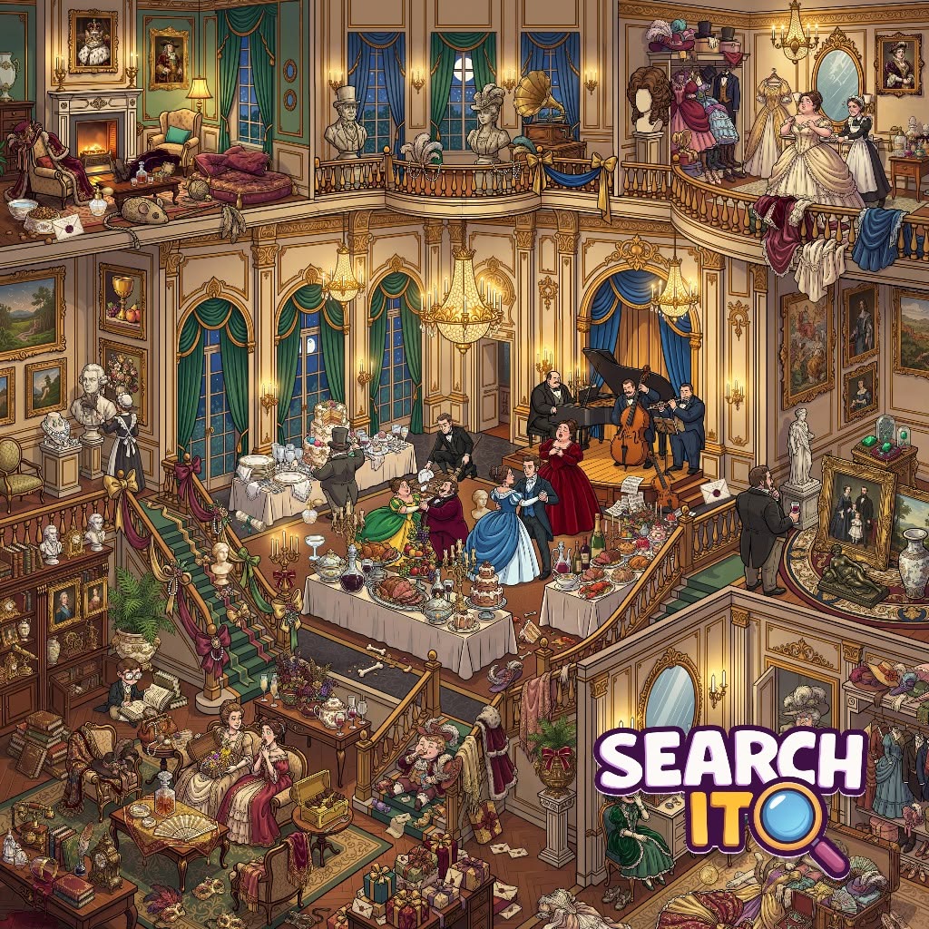 Detailed illustration of a grand Victorian mansion interior with many people, ornate rooms, and antique decor