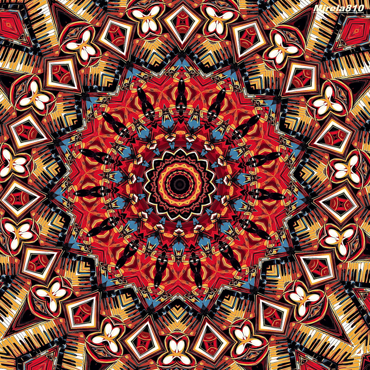 Intricate symmetrical mandala with red, gold, and blue geometric patterns radiating from center