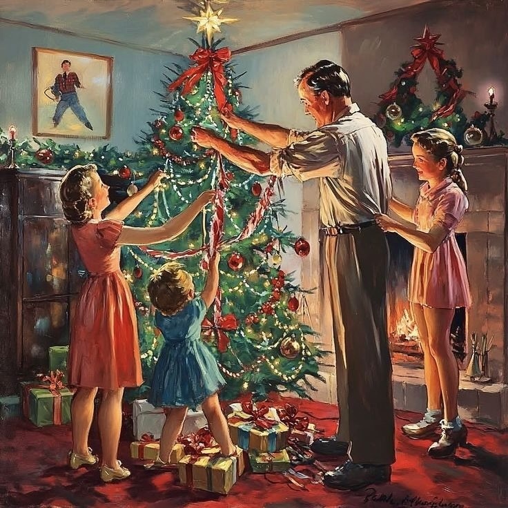 Vintage illustration of a family decorating a Christmas tree in a 1950s-style living room with ornaments and gifts