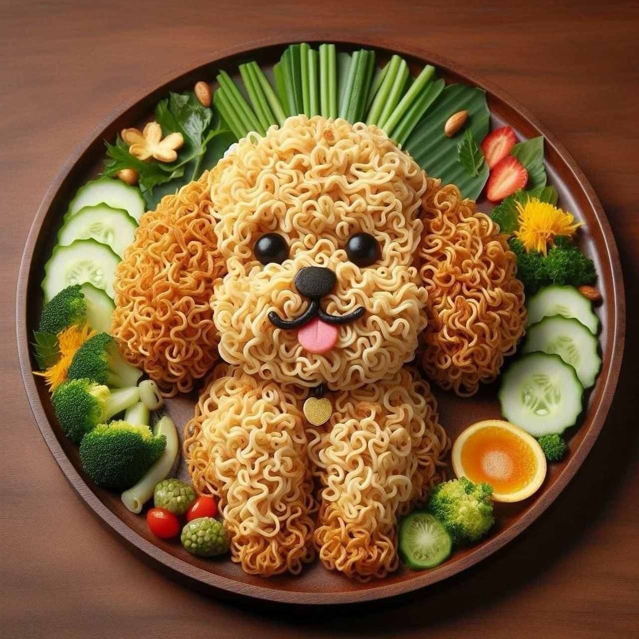 Dog-shaped food art made from curly noodles surrounded by fresh vegetables on a dark plate