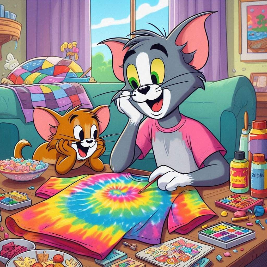 Tom and Jerry making tie-dye art at a colorful craft table indoors