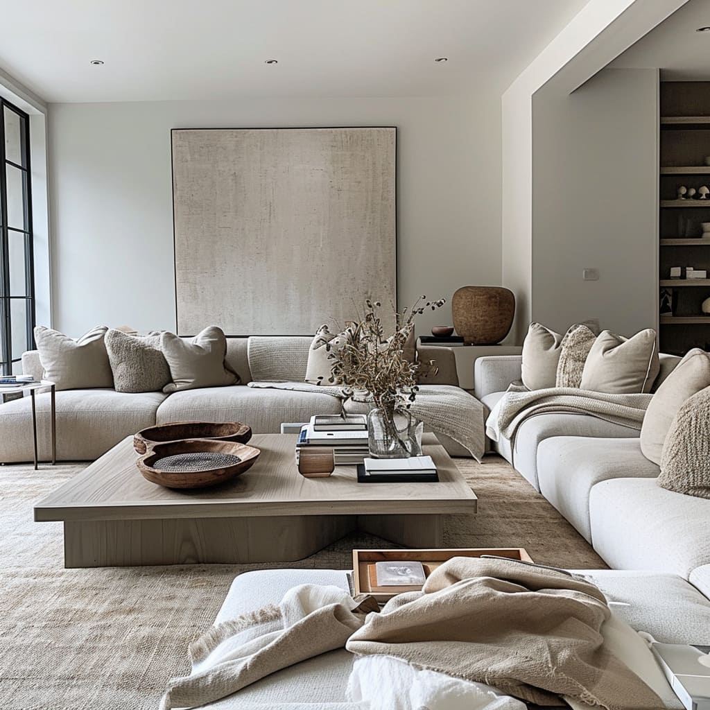 Minimalist living room with cream sofas, wooden coffee table, and soft neutral decor