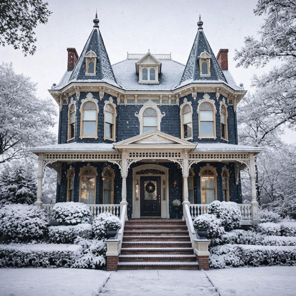 Victorian mansion with twin turrets and ornate porch covered in snow