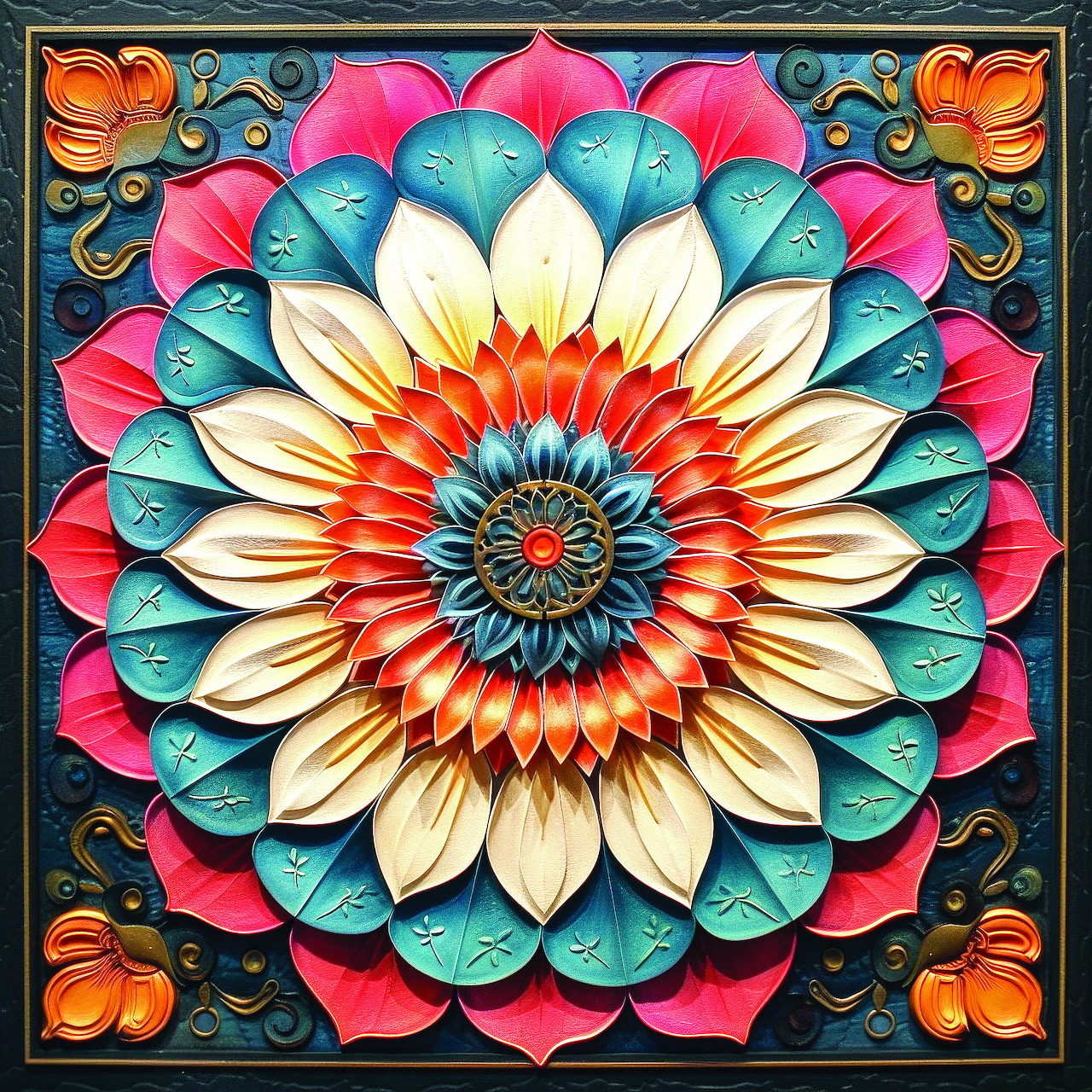 Symmetrical mandala with cream, orange, pink, and teal petals radiating from center on dark ornate background