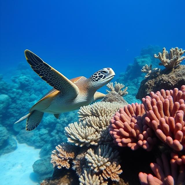 Sea turtle gliding over colorful coral reef in clear blue water