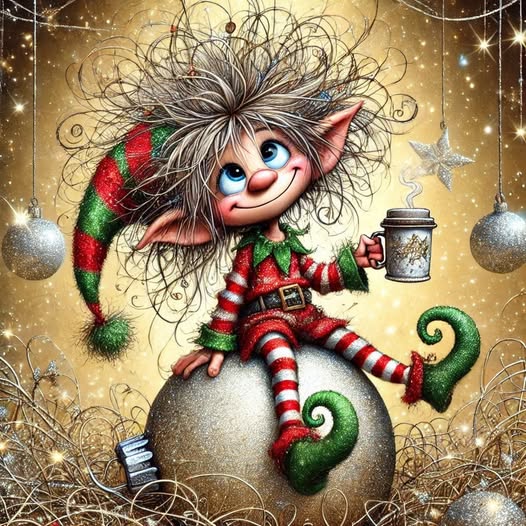 Whimsical Christmas elf sitting on a silver ornament with striped clothes and festive decorations