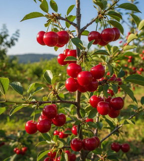 Clusters of ripe red cherries on a tree branch with green leaves and blue sky