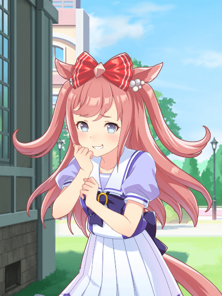 Anime girl with pink twintails and red bow in school uniform, smiling outdoors