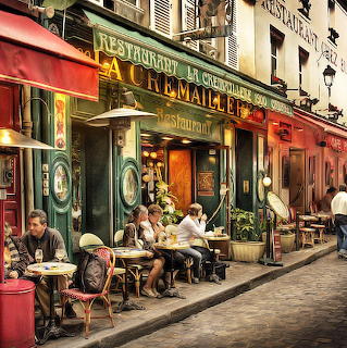 People dining at outdoor tables in front of a traditional Parisian cafe with green and gold storefront