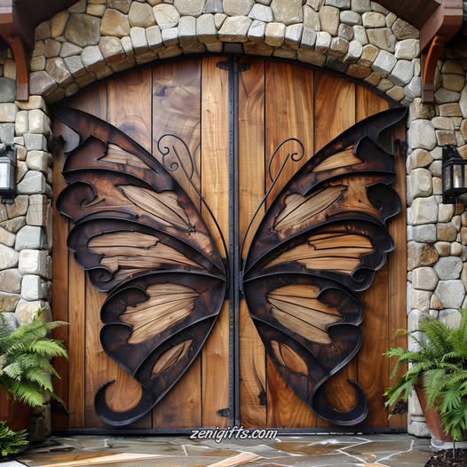 Rustic wooden door with decorative black metal butterfly wings spreading across both panels under stone arch
