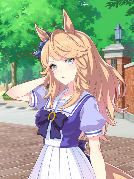 Anime horse girl Gold City with blonde hair and horse ears in a purple sailor uniform standing outdoors